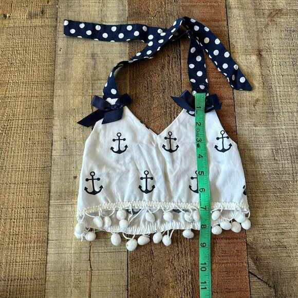 Nautical Anchor Print Toddler Halter Top With Polka Dot Straps & Pom-Pom Trim - Picture 3 of 7